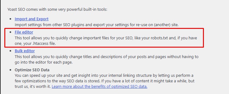 pilih file editor untuk membuat file robots.txt dengan yoast seo