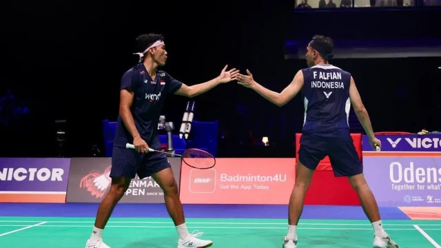 Fajar Alfian dan Muhammad Shohibul Fikri saat bertanding dalam final Denmark Open 2026.